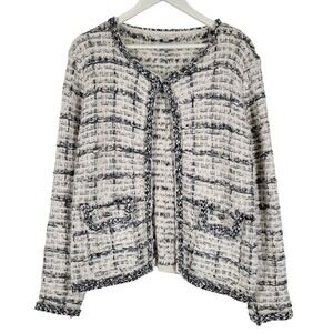 SIONI Tweed Knit Open Front Cardigan Jacket Ivory Black Blue L Classic Lux